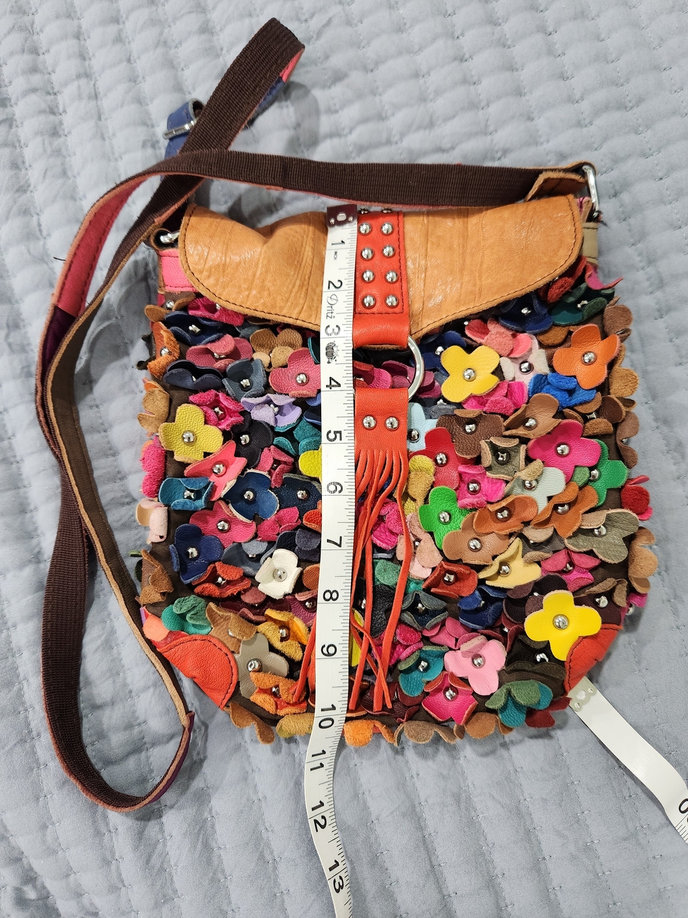 Multicolor Floral Appliqué Leather Shoulder Bag - Orange Accent Vintage - Picture 11 of 11